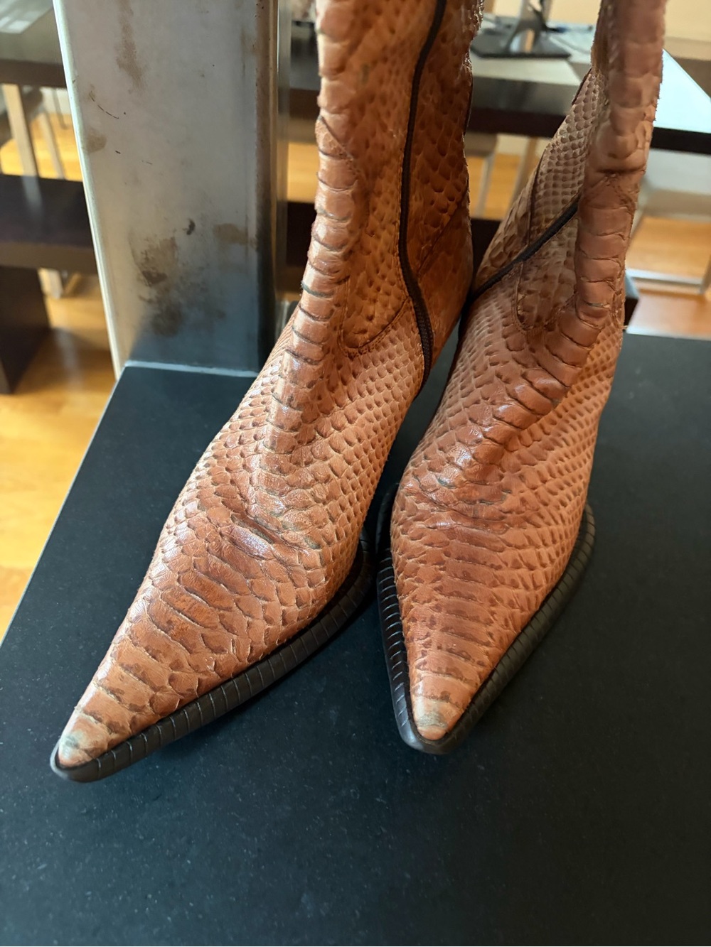 Pointed-Toe Tan Snakeskin Heeled Boots